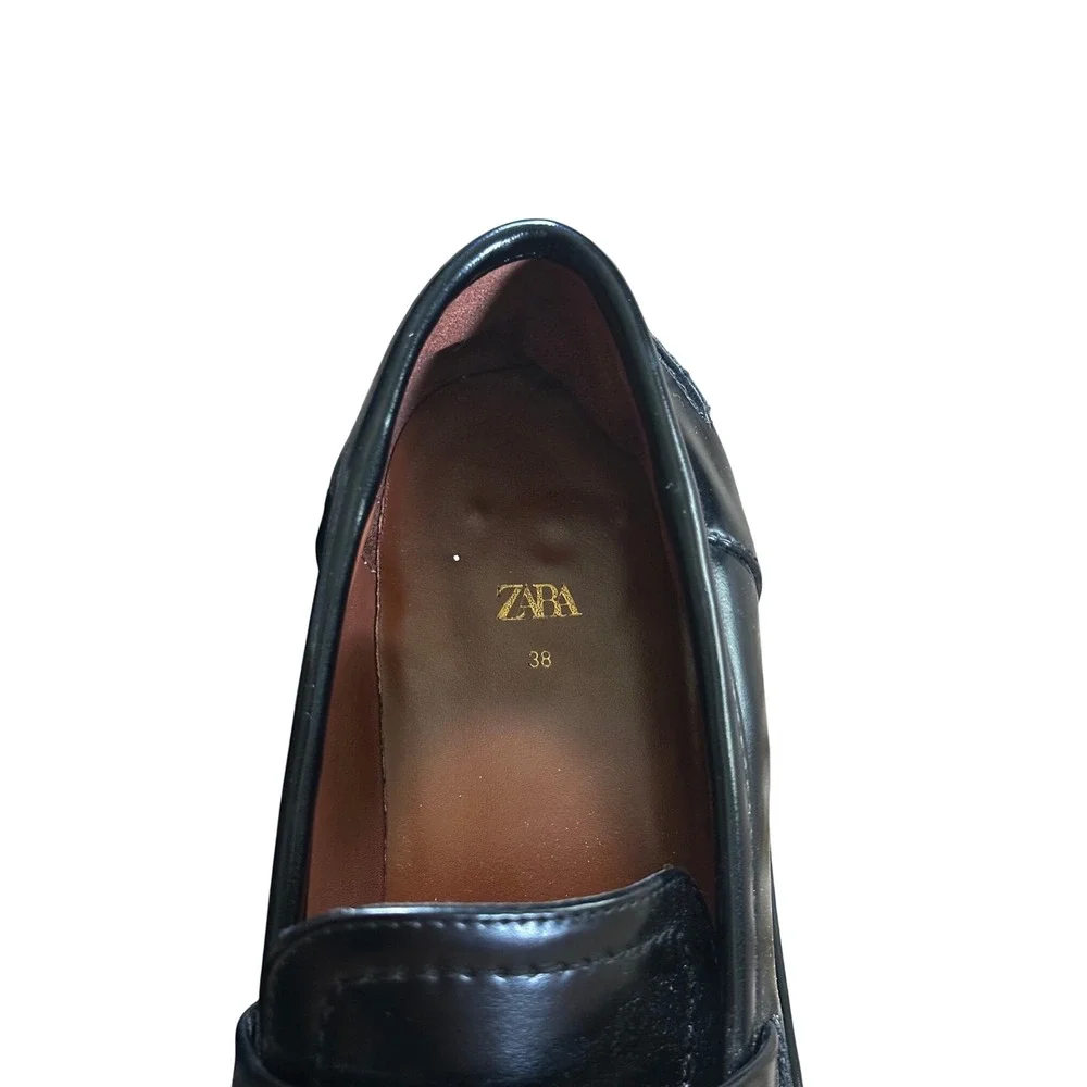 Zara Black Lug Sole With Gold Chain Link Platform Loafers Women's 7.5